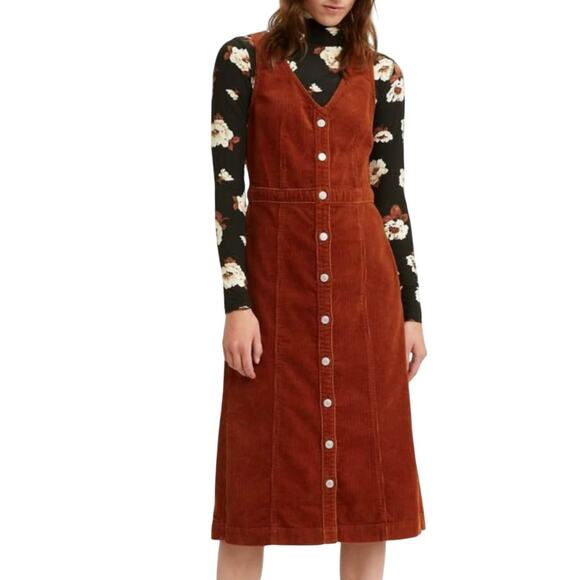 ♥️ Levi's Frances Corduroy Denim Midi Dress Brown Rust Size Large - Picture 2 of 10